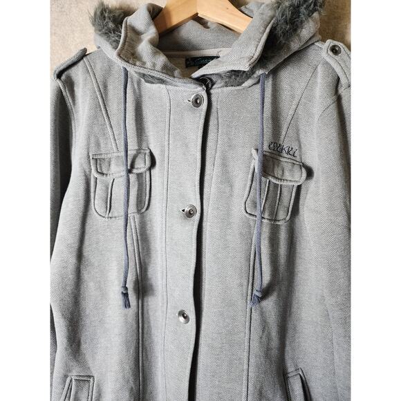EZEKIEL Gray Military Style  Skater Casual Faux Fur Lined Hoodie Jacket SZ L - Picture 3 of 10